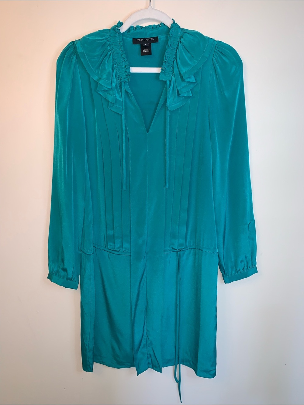 Pink Tartan 100% Silk Teal Long Sleeve Ruffle Neck Mini Dress S